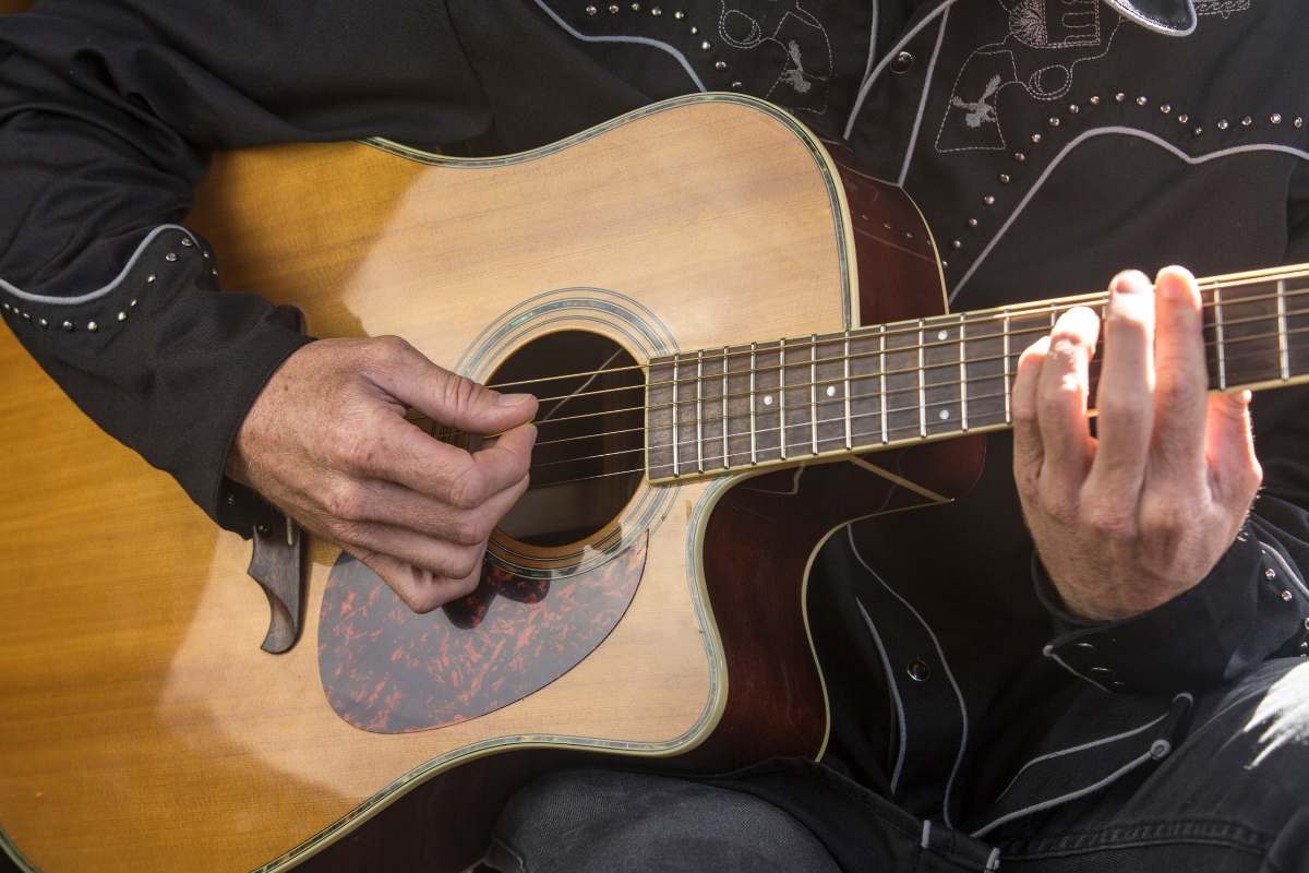 A close-up photo of a man playing a guitar