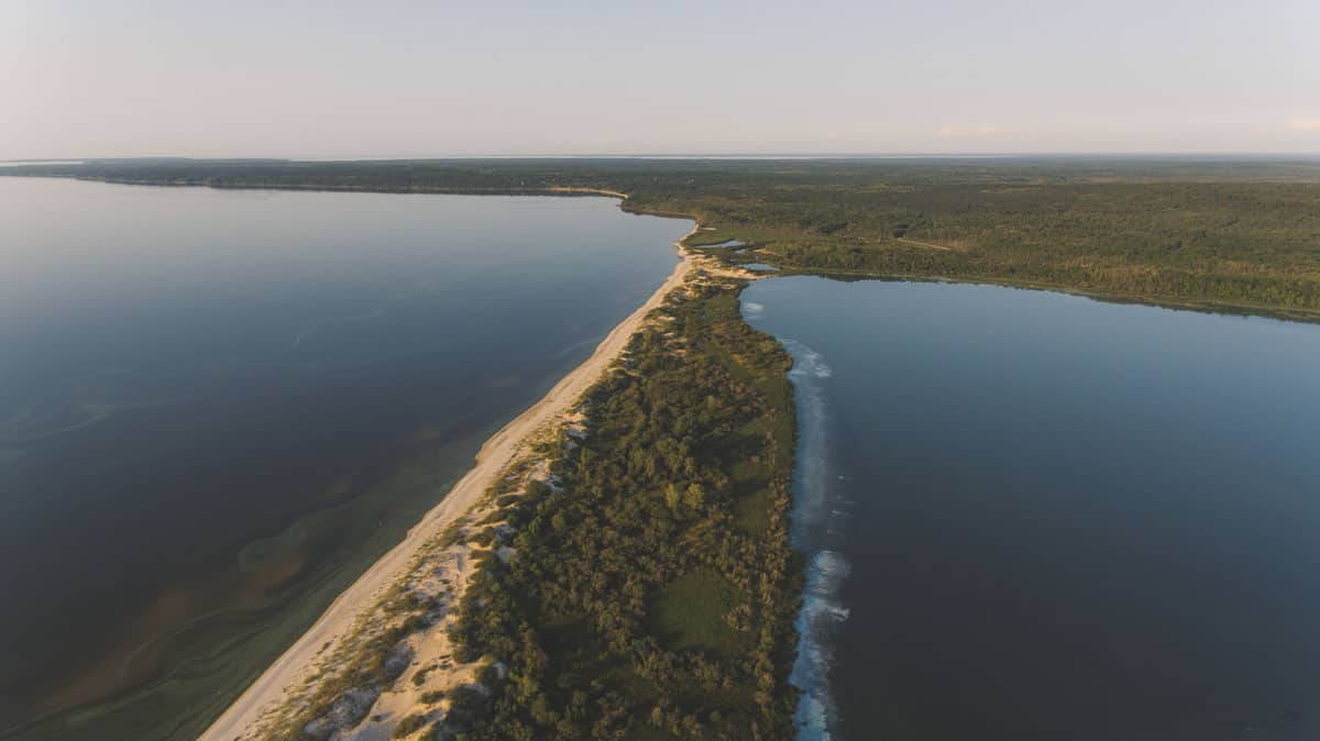 An aerial view of Grand Beach on Lake Winnipeg