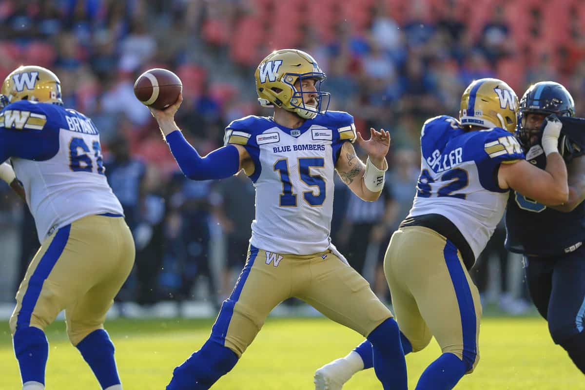 A photo of the Winnipeg Blue Bombers playing, with the quarterback about to throw a football