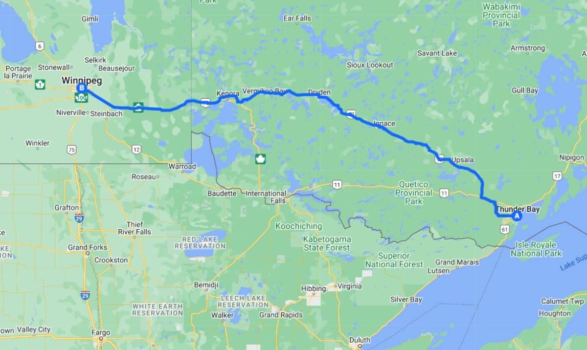 Thunder Bay to Winnipeg Map