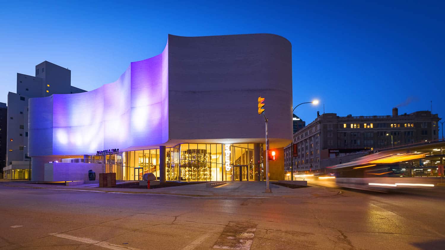 Outside the Winnipeg Art Gallery in the evening